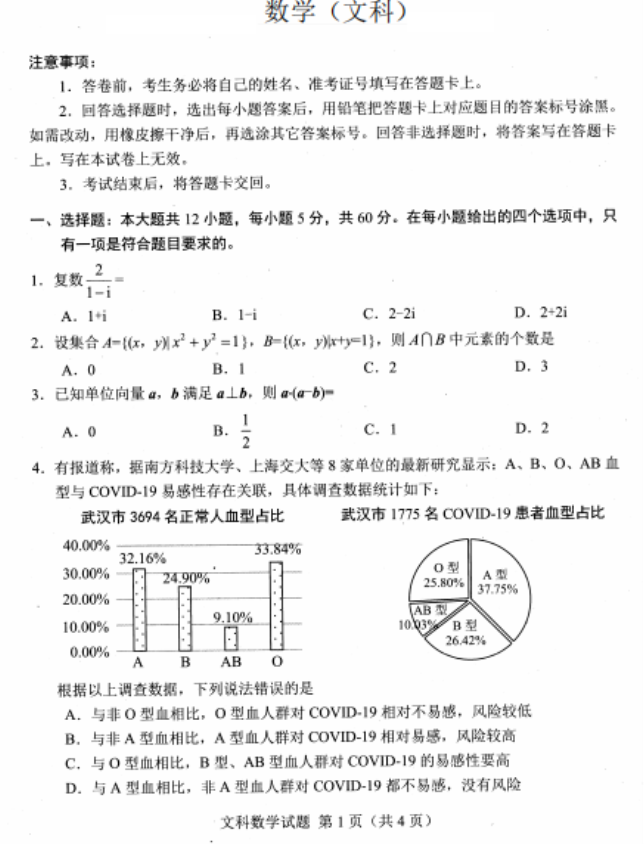 2020届陕西省高三文科数学第一次模拟试题