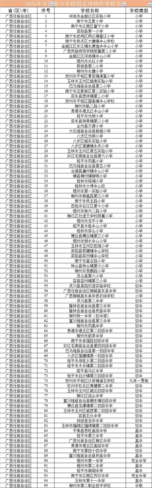 2021广西青少年校园足球特色学校名单