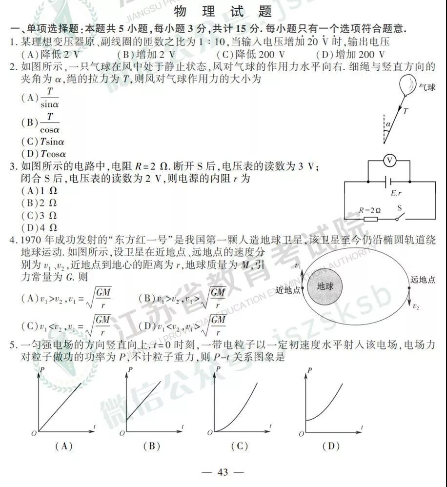 2019年江苏高考物理、化学、生物试题及答案