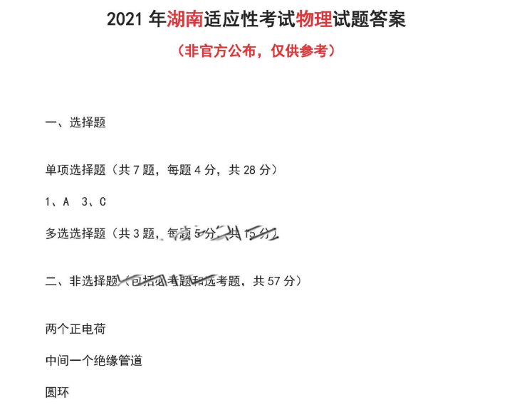 湖南省2021年新高考适应性测试物理试题答案