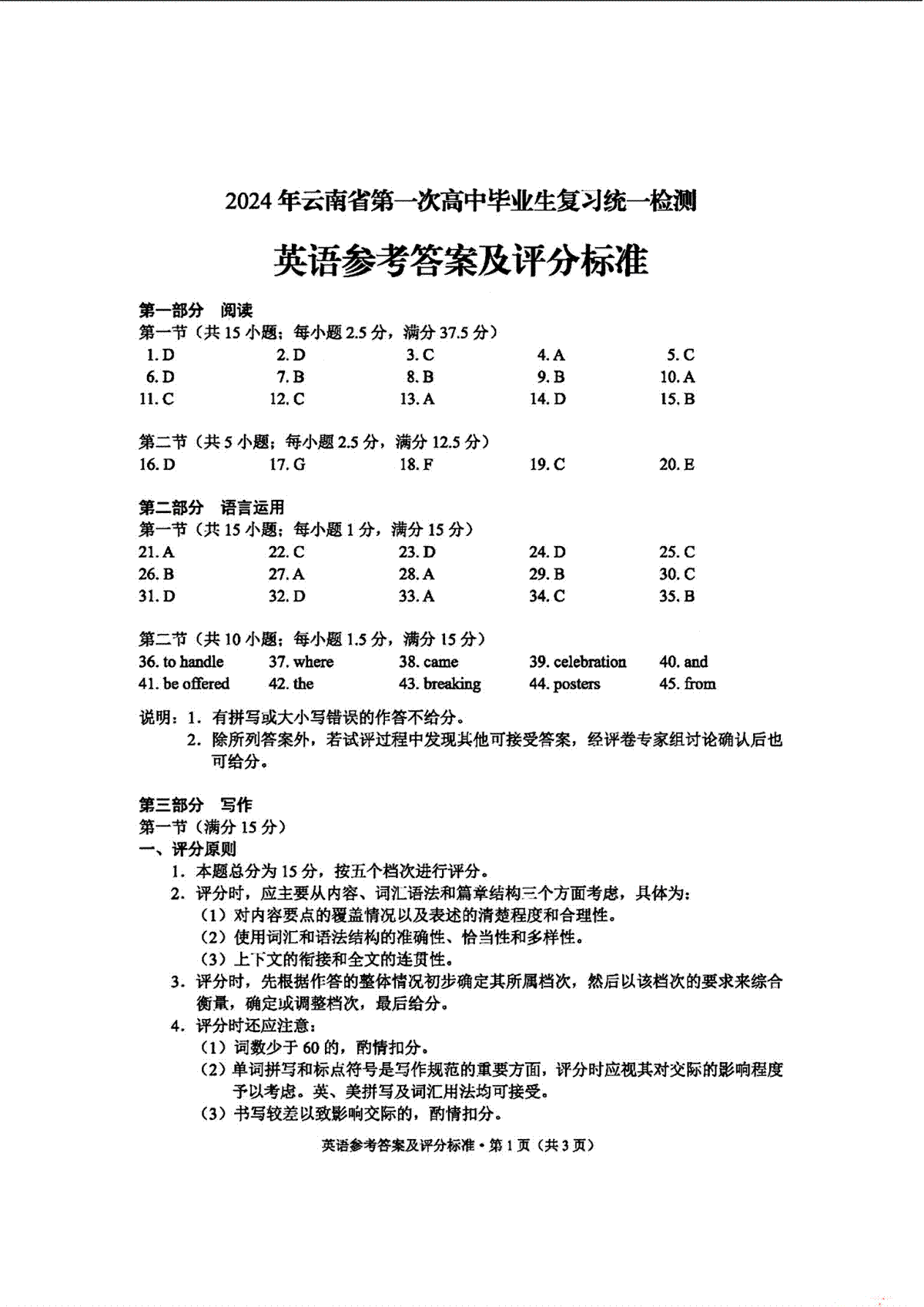 2024年云南省第一次高中毕业生复习统一检测-英语参考答案及评分标准