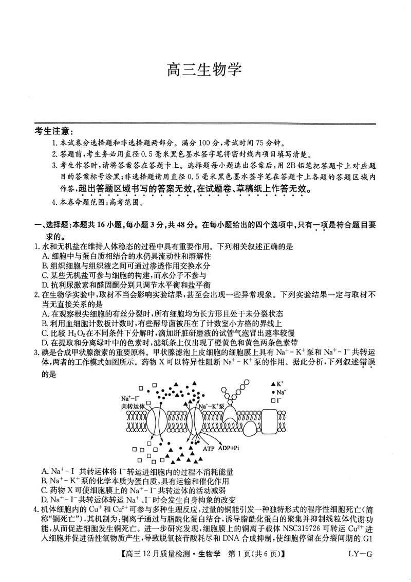 2025届九师联盟高三12月质量检测联考生物试题及答案