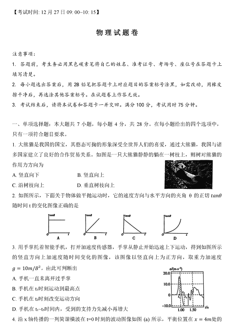 重庆一中2025届高三上学期12月月考物理试题及答案