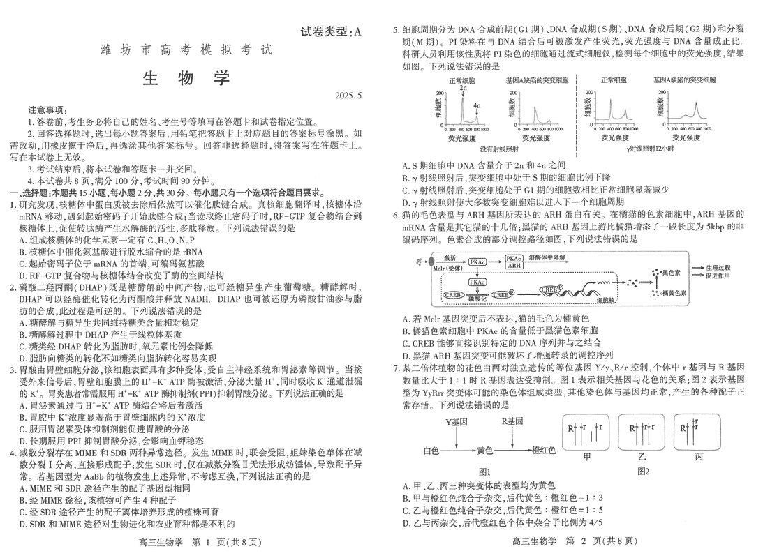 潍坊三模2025届高考模拟生物试题及答案